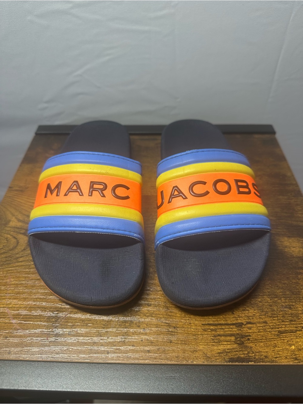 Marc Jacobs Navy Slides with Orange, Yellow & Blue Stripes